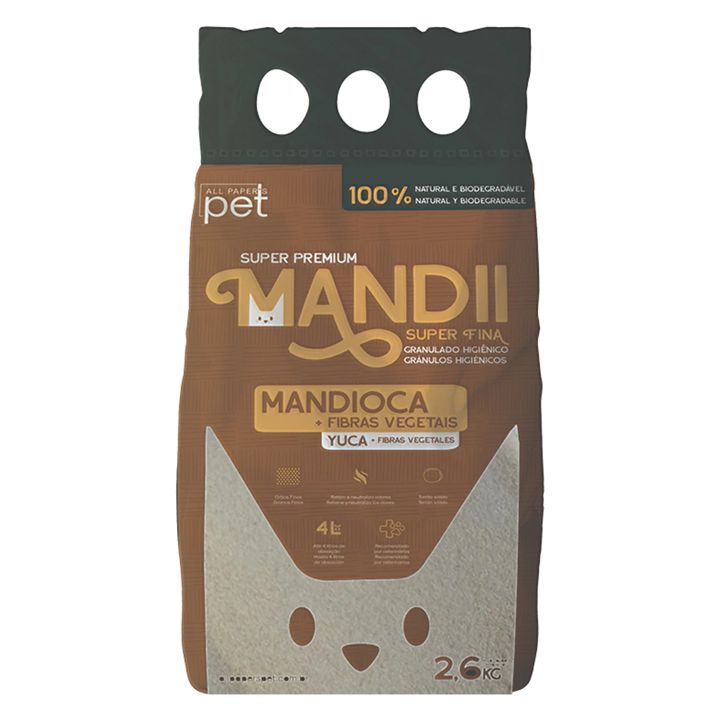 Granulado Fino Biodegrad Vel Para Gatos Mandii Premium 2 6Kg Mandioca
